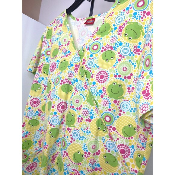 Dickies Smiling Frogs Geometric Polka Dots Yellow Small Scrub Top - Picture 5 of 10